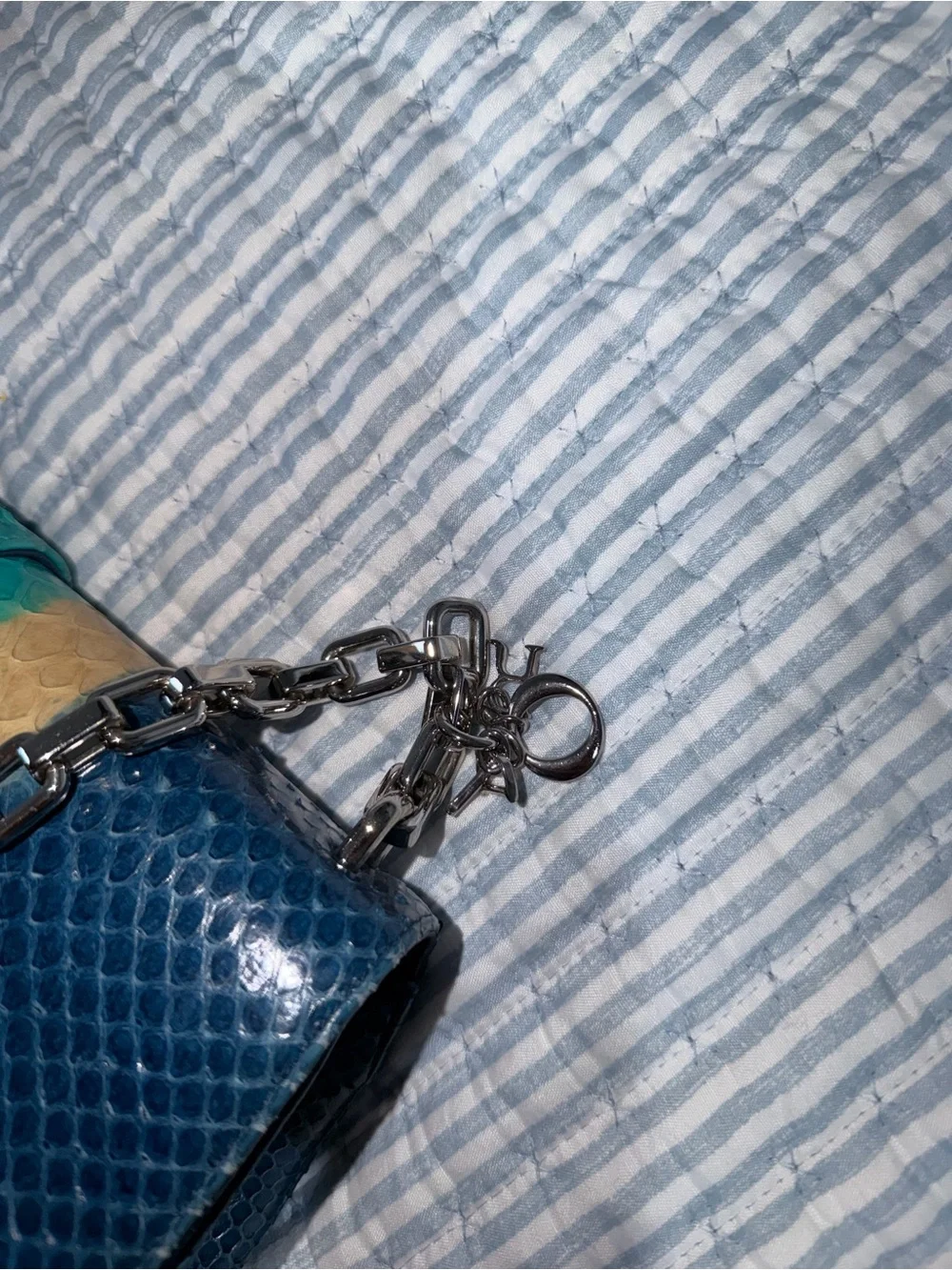 Cristian Dior Blue Teal Cream Python-Embossed Crossbody Bag